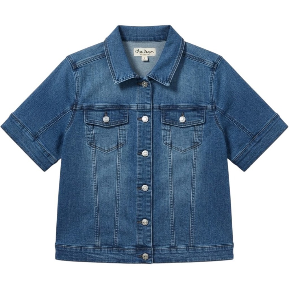 Oneworld Plus Size 2X Cropped Demin Jacket Short Sleeve Stretch Medium Wash